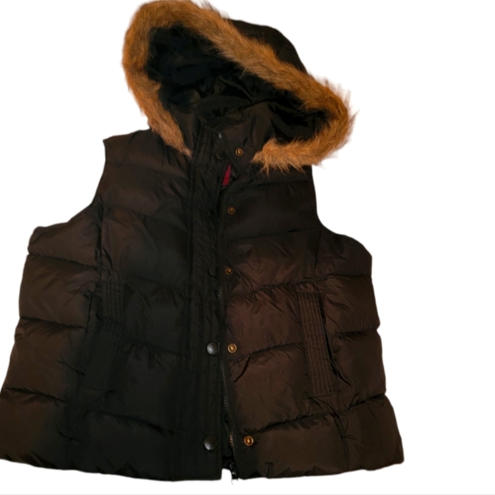 Women's black puffer vest fur lined hood coat jacket large Arizona sleeveless